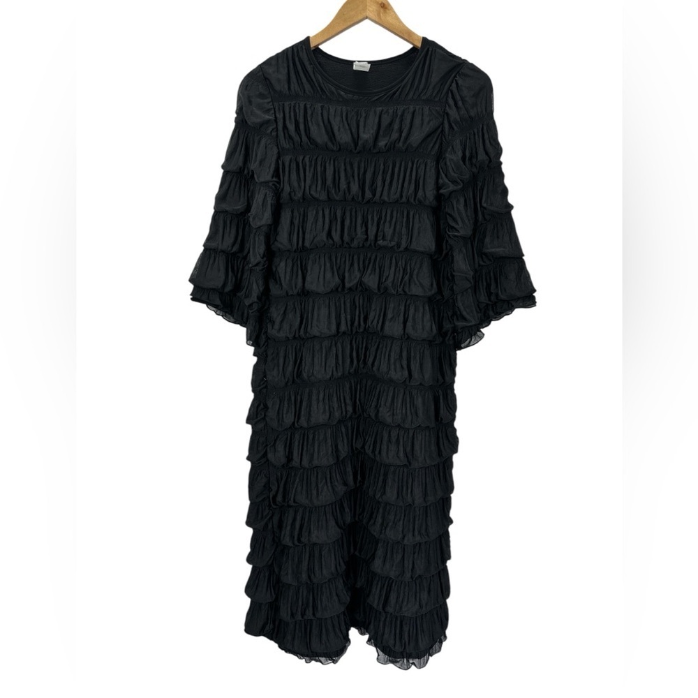 Boutique Dressy Modest Classy Cascade Ruffle Midi Dress Black - Picture 4 of 10